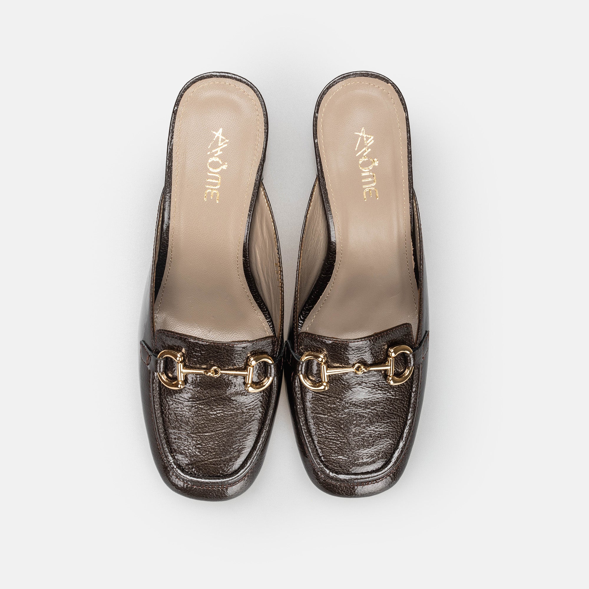 MULE TANGER EN CUIR  VERNIE MARRON