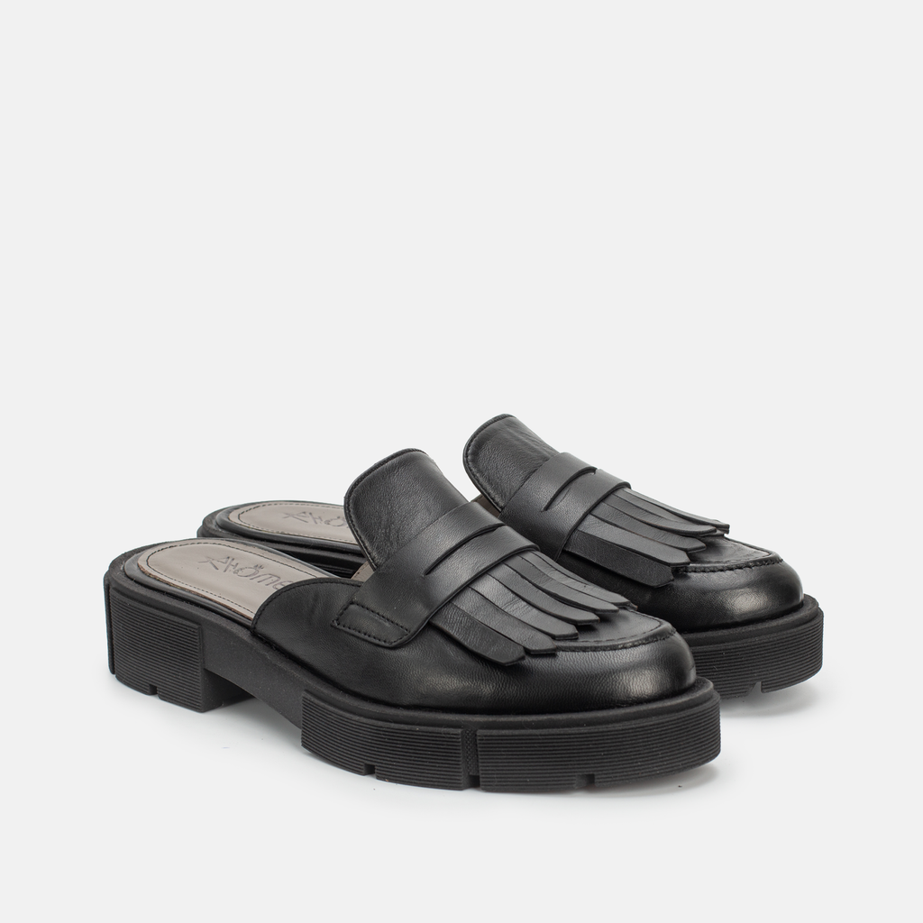 MEKNES EN CUIR NOIR A FRANGE