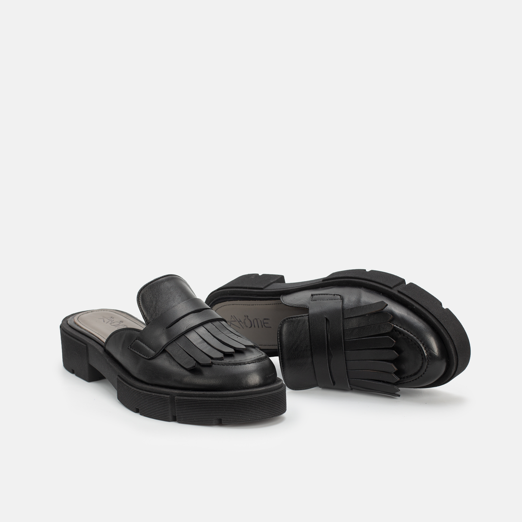 MEKNES EN CUIR NOIR A FRANGE