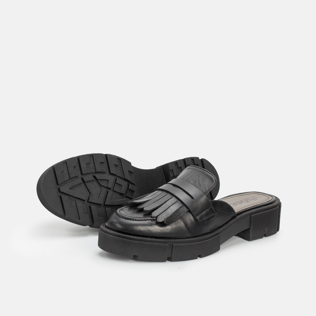 MEKNES EN CUIR NOIR A FRANGE