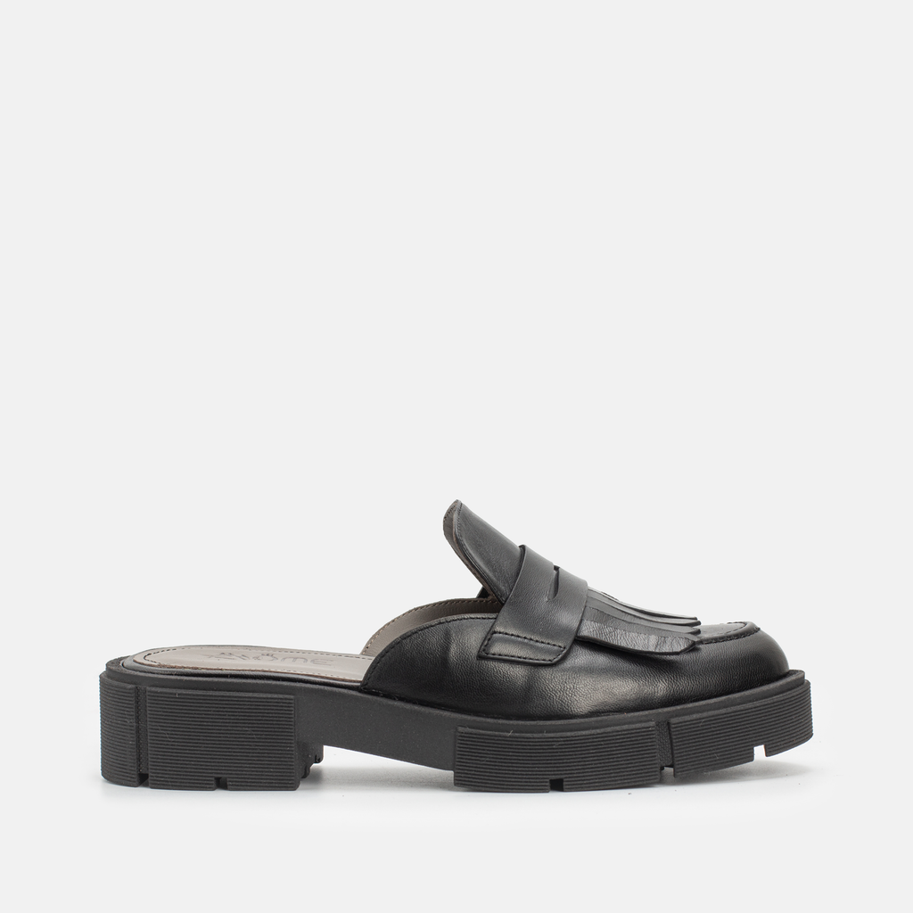 MEKNES EN CUIR NOIR A FRANGE